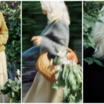 Pamela Anderson in a garden wearing a mustard sweater and holding Sonsie Skin skin care; walking with a flower-filled basket; close-up profile showing bare, natural skin.
